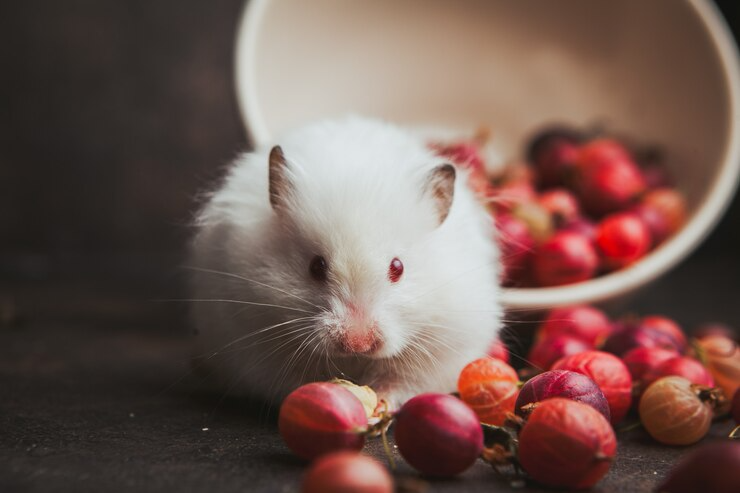 Hamster branco diante de um pote de groselha virado, cercado por algumas dessas frutas.